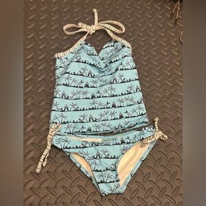 Petite Letarte Girls Sz 6 Tankini Top Rouched Bottom Blue Brown Hawaiian Motif